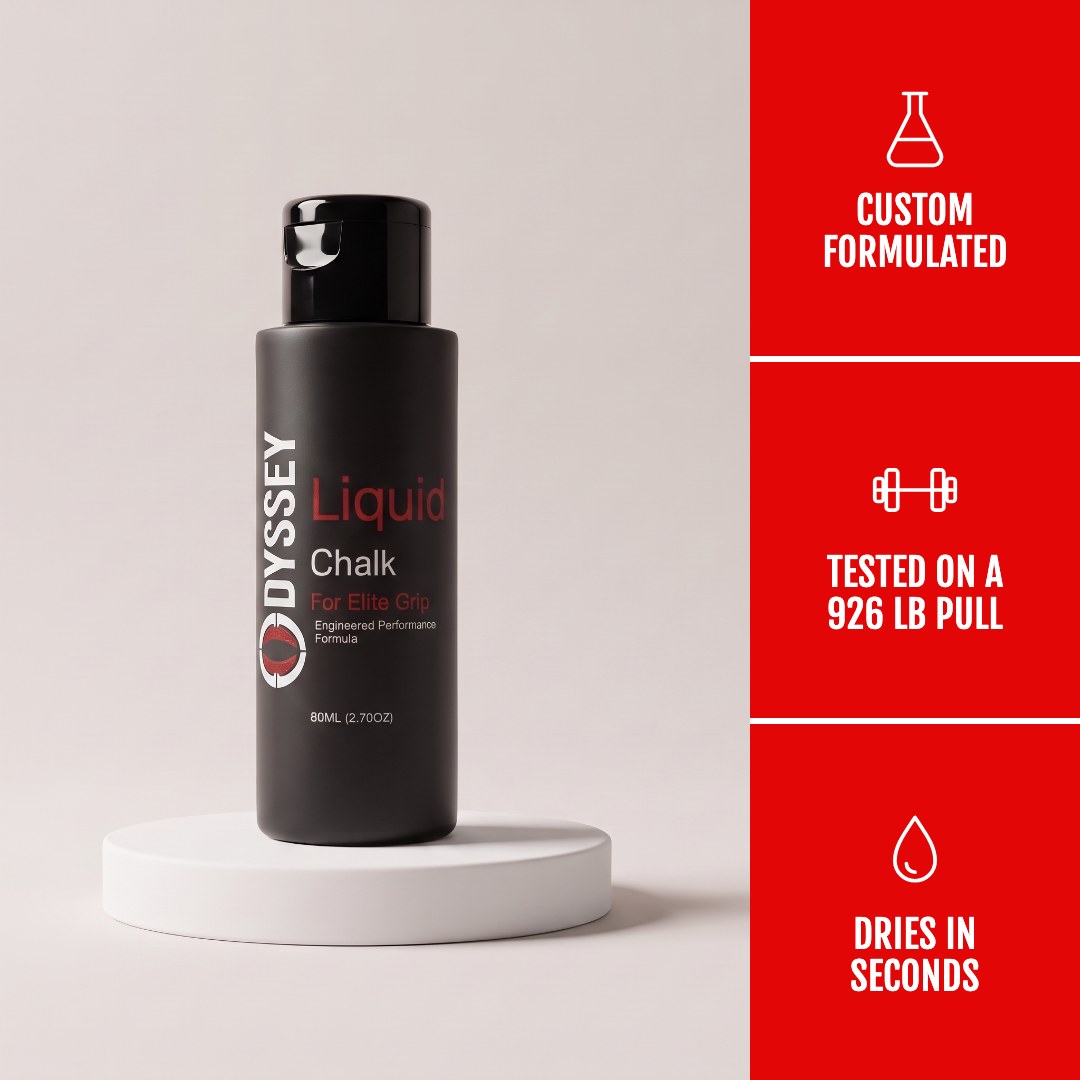 Odyssey Liquid Chalk: custom formulated, tested on a 926 lb pull, dries in seconds