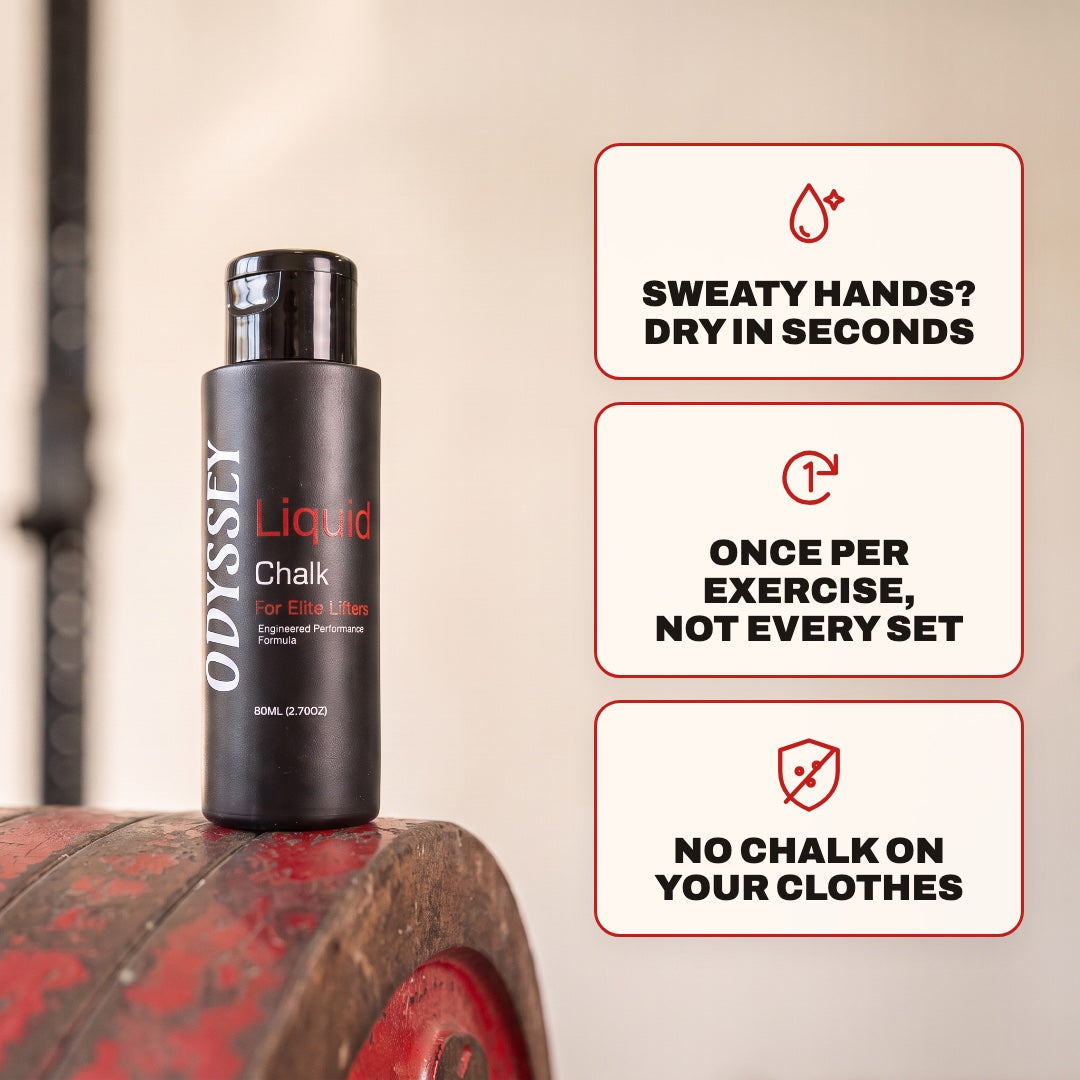 Sweaty hands? Dry in seconds. Once per exercise, not every set. No chalk on your clothes.