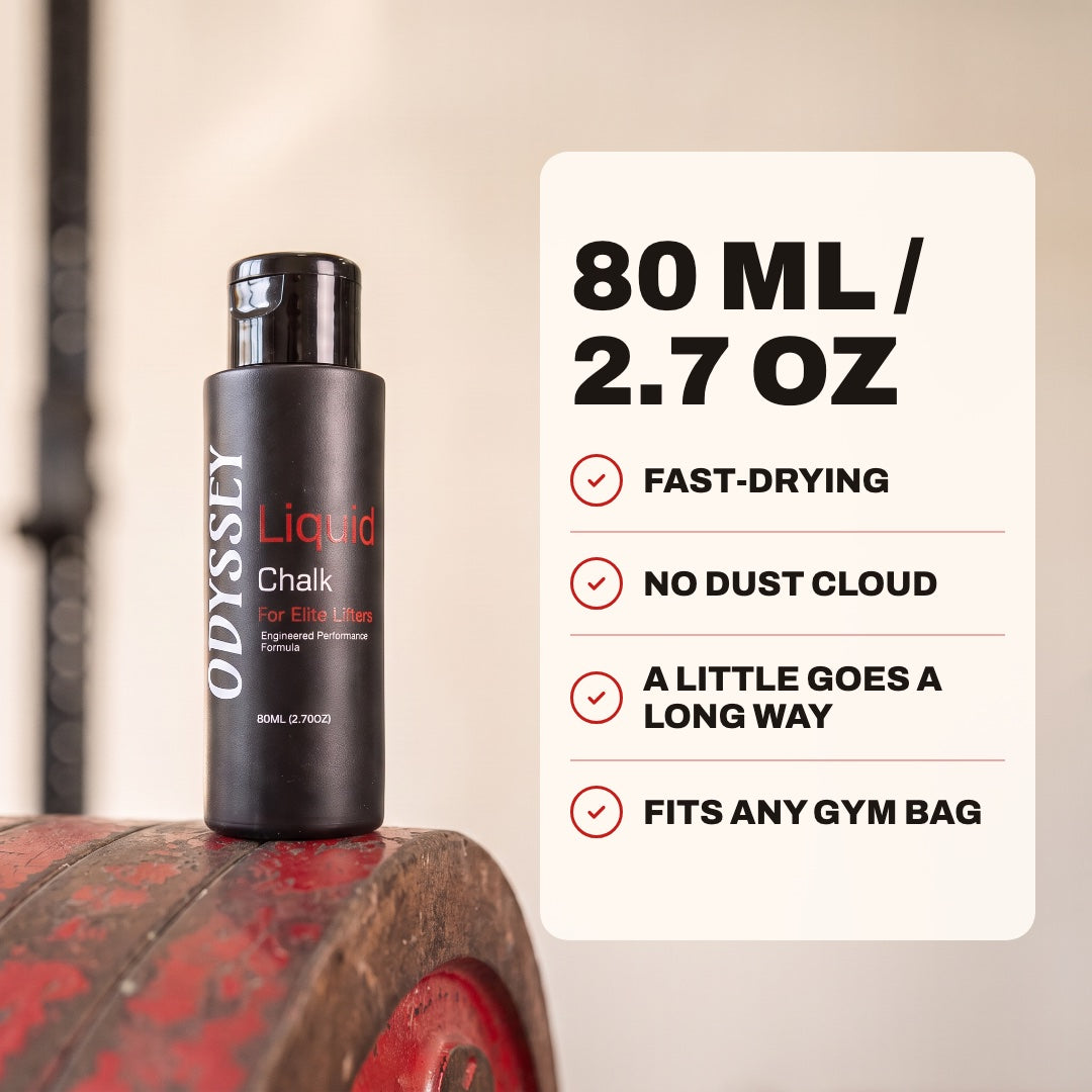 80 mL / 2.7 oz: fast-drying, no dust cloud, a little goes a long way, fits any gym bag
