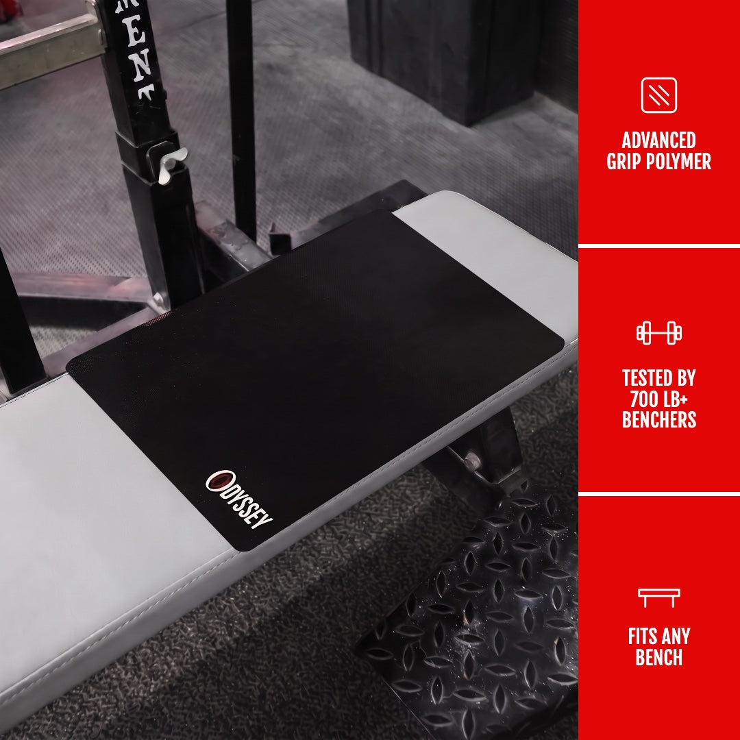Odyssey Bench Mat V2 on a gym bench: advanced grip polymer, tested by 700 lb+ benchers, fits any bench