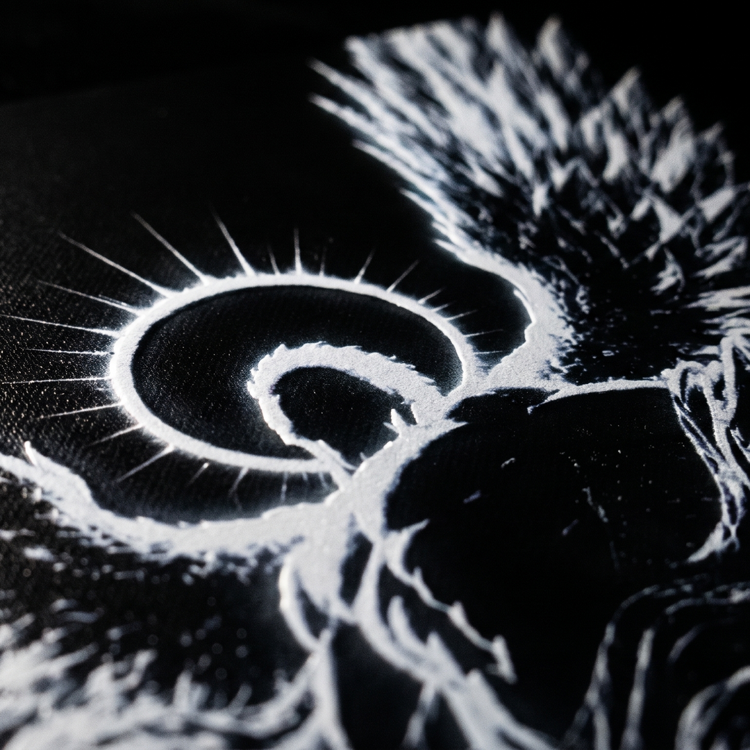 Macro detail of the Icarus halo and wing linework on the mat surface