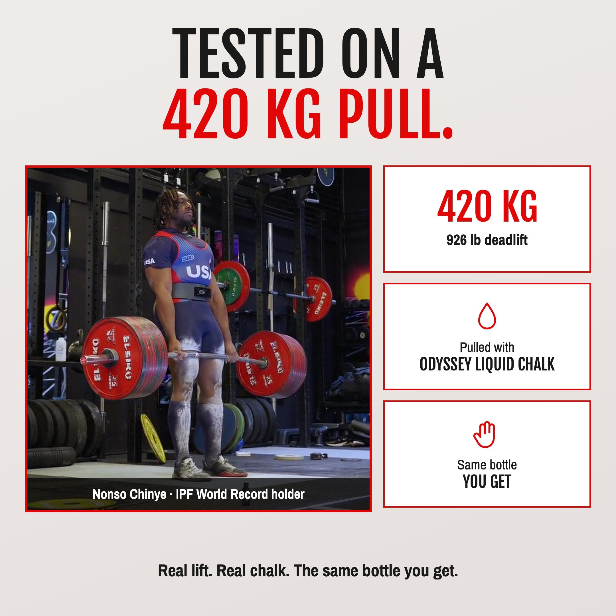Tested on a 420 kg pull: Nonso Chinye deadlifted 926 lb with Odyssey Liquid Chalk
