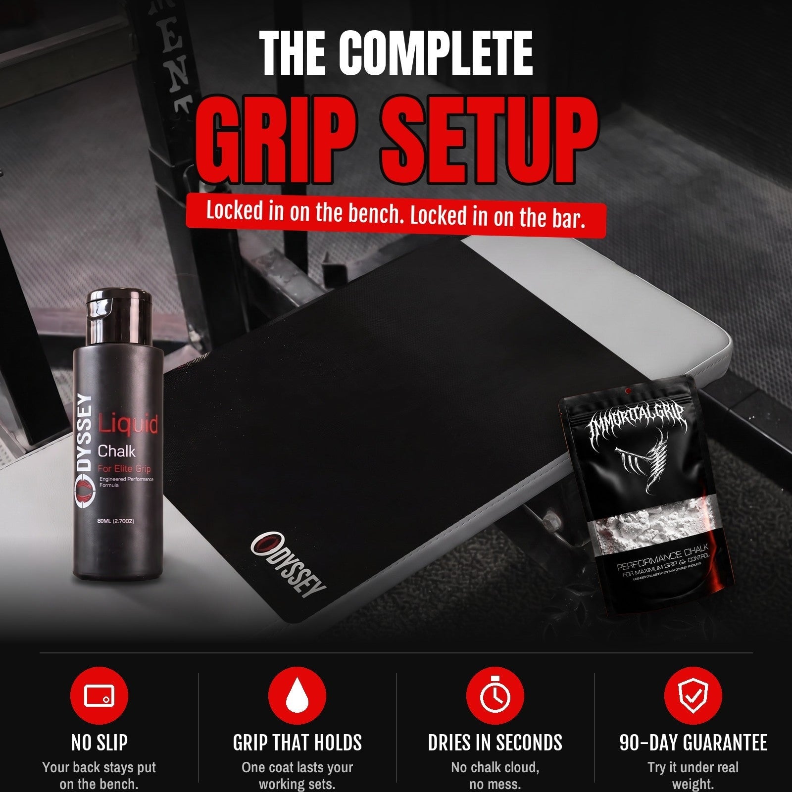 The Complete Grip Setup: Odyssey Bench Mat V2 on a bench with Odyssey Liquid Chalk and Immortal Grip Chalk