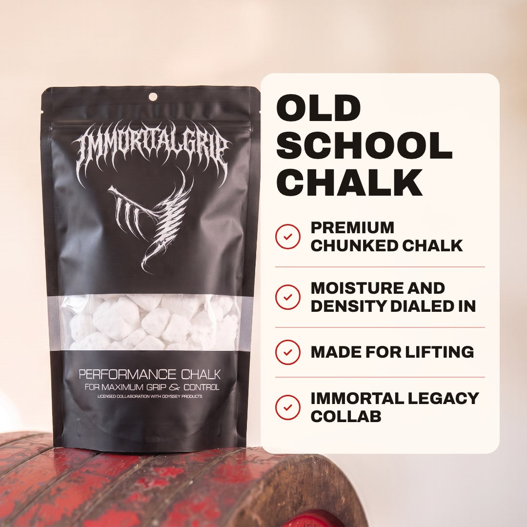 Old school chalk: premium chunked chalk, moisture and density dialed in, made for lifting, Immortal Legacy collab