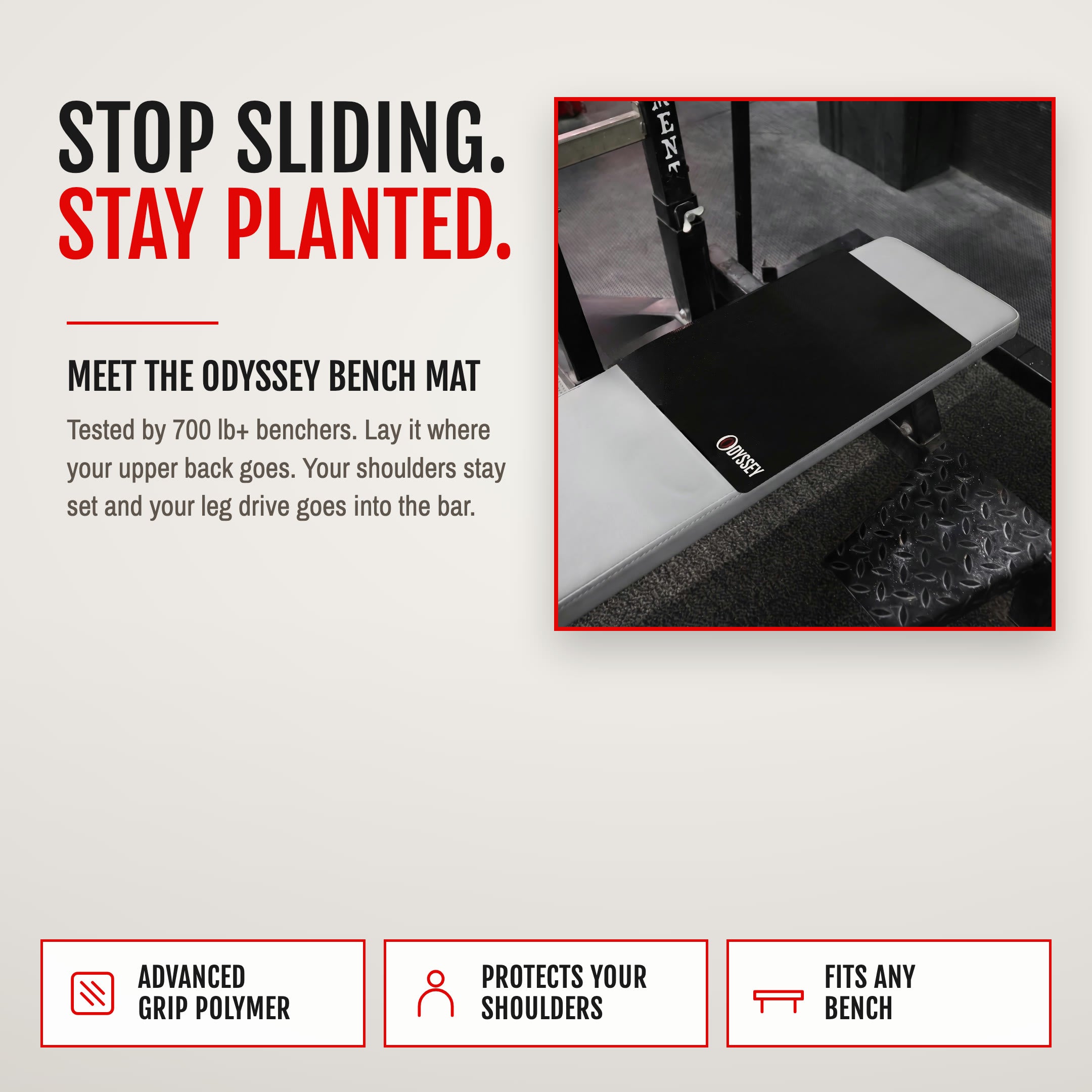 Stop sliding. Stay planted. Meet the Odyssey Bench Mat, on a gym bench