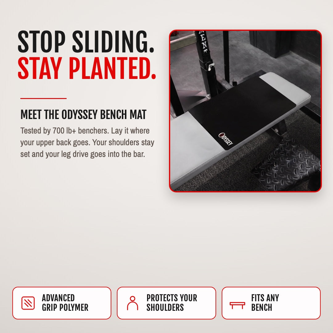 Stop sliding. Stay planted. Meet the Odyssey Bench Mat, on a gym bench