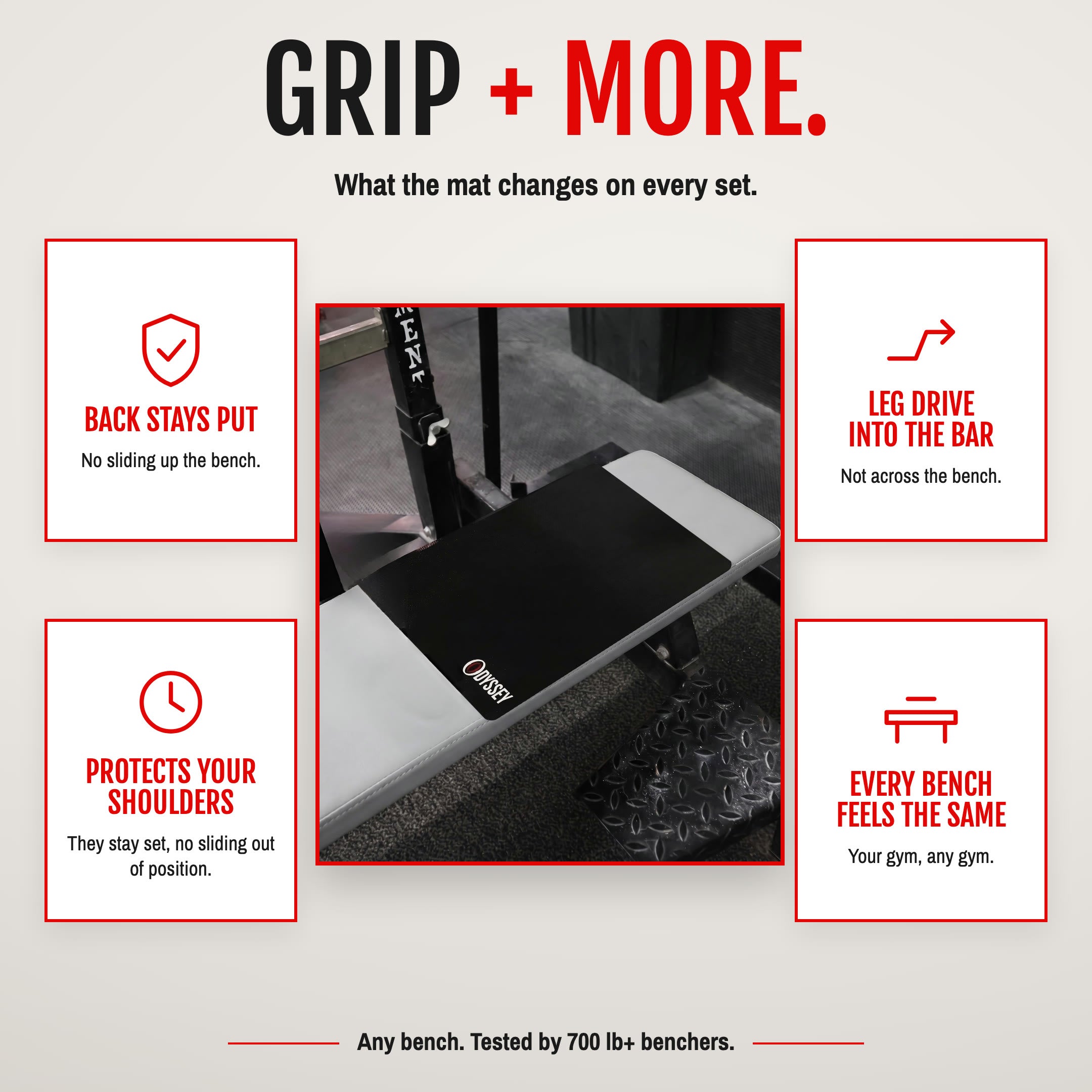 Grip and more: back stays put, leg drive into the bar, protects your shoulders, every bench feels the same