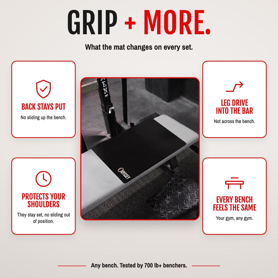 Grip and more: back stays put, leg drive into the bar, protects your shoulders, every bench feels the same